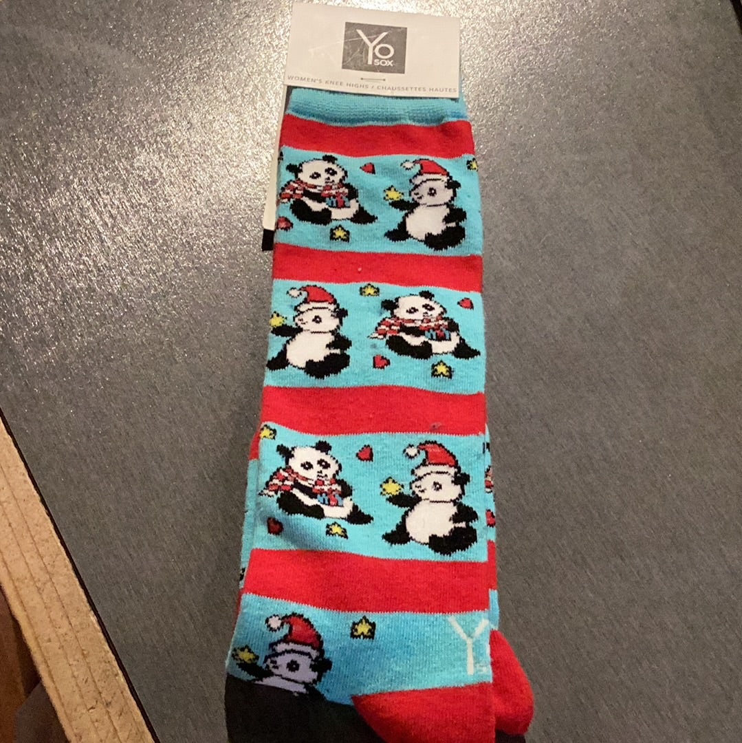 'Yo Sox Women's Pandas Christmas Knee Socks' in 'Aqua' colour