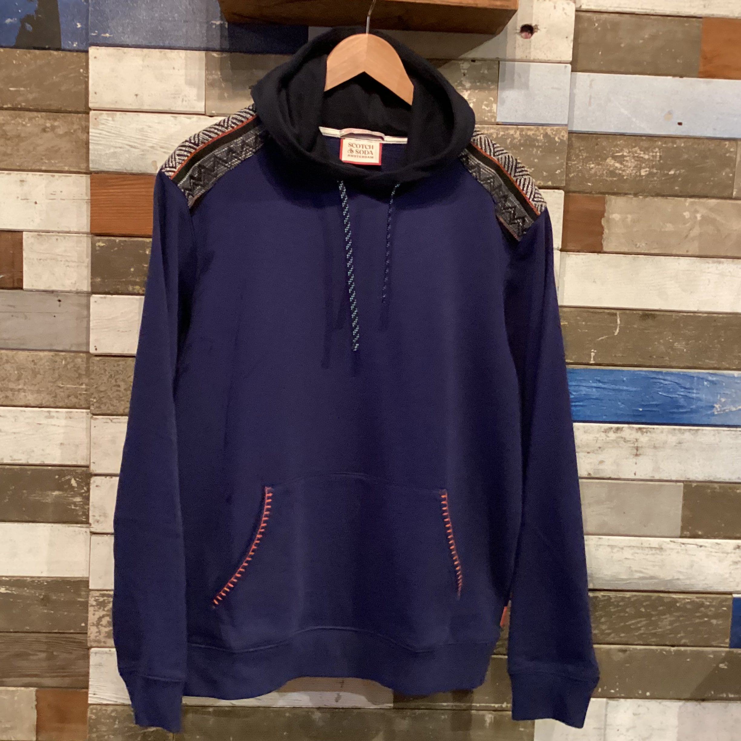 'Scotch & Soda Mixed Fabric Hoodie w/ Textured Shoulders' in 'Denim Blue' colour