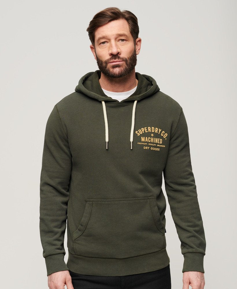'Superdry Workwear Flock Chest Graphic Hoodie' in 'Olive Green' colour