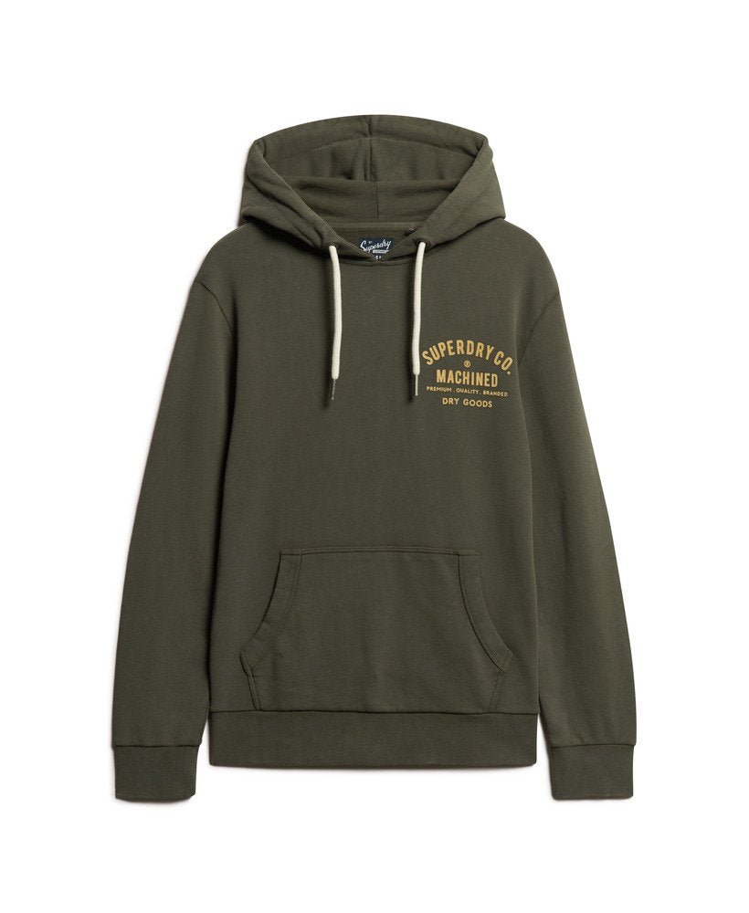 'Superdry Workwear Flock Chest Graphic Hoodie' in 'Olive Green' colour