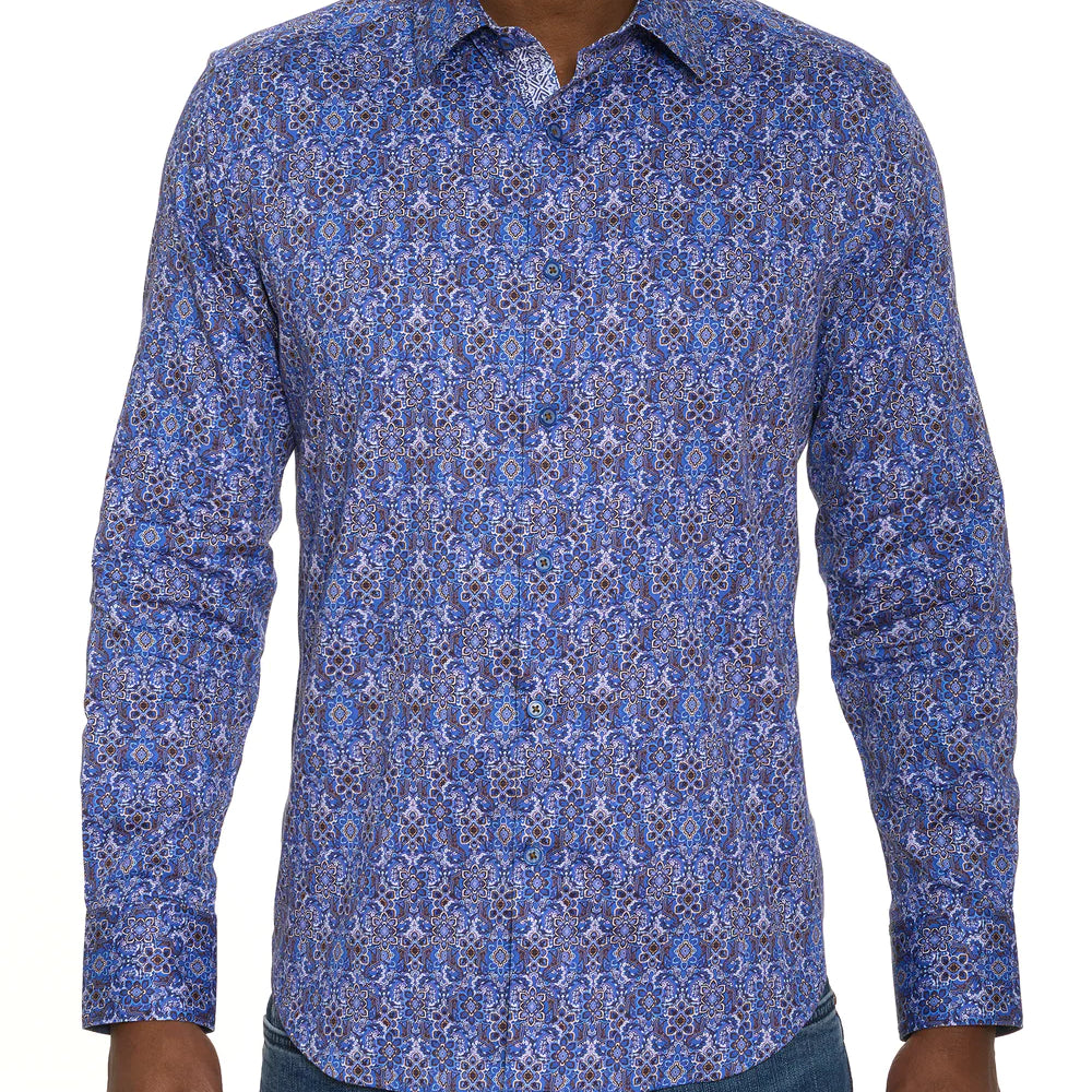 Robert Graham Lungano Button Up L/S Dress Shirt - Blue - 1 - Tops - Button Up Dress Shirt