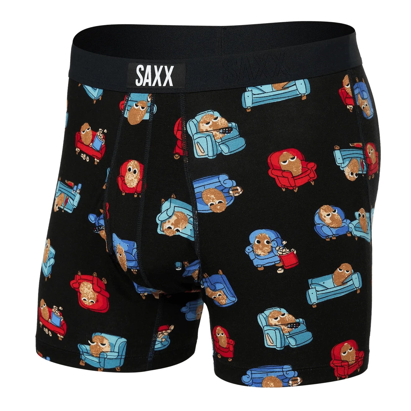 'SAXX Ultra Boxer Brief' with 'Black Couch Potato' print