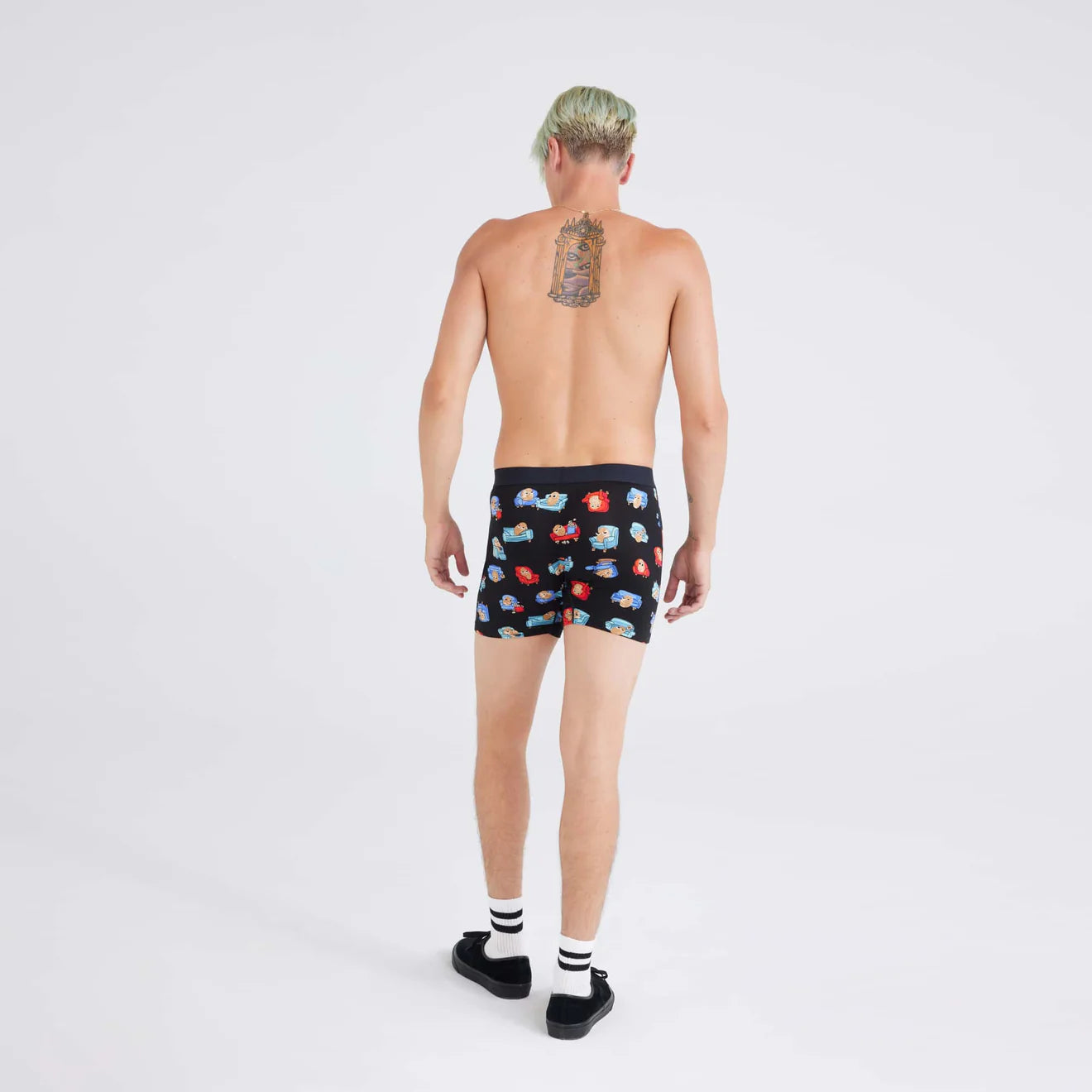 'SAXX Ultra Boxer Brief' with 'Black Couch Potato' print