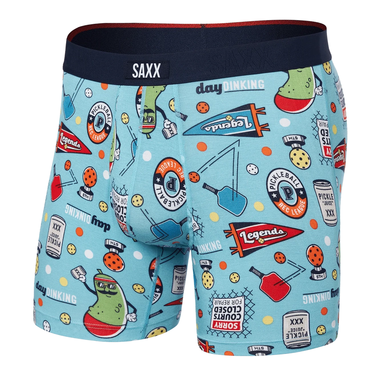 'SAXX Vibe Xtra Boxer Brief' with 'Aqua Pickleball Legends' print
