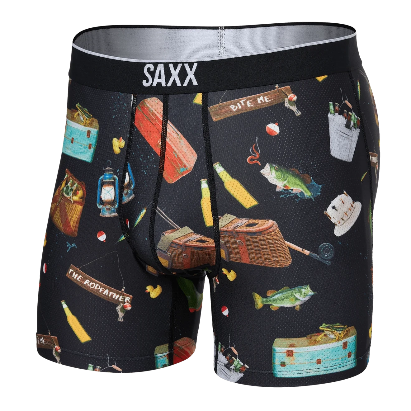 'SAXX Volt Boxer Brief' with 'Black Catch Phrase' print