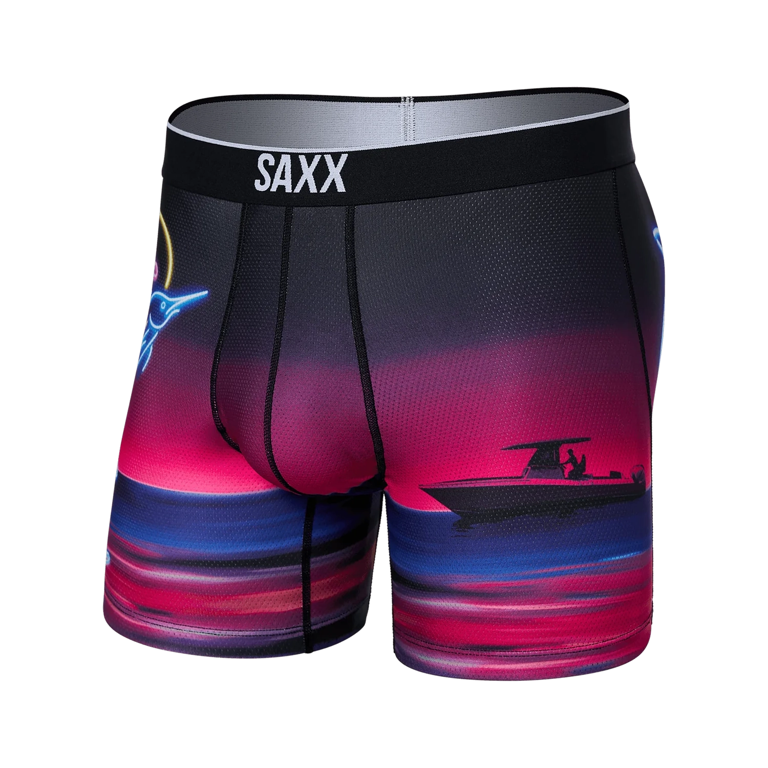 'Saxx Volt Breathable Mesh Boxer Brief - Marlin Sunset' in 'Magenta' colour