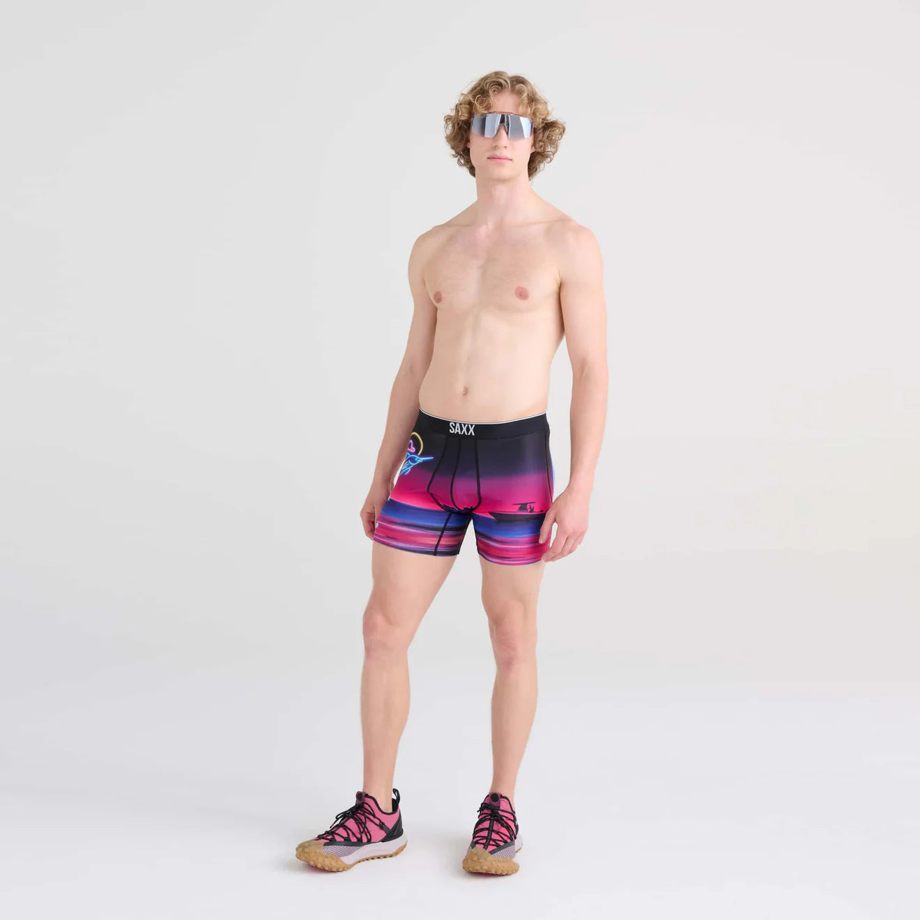 'Saxx Volt Breathable Mesh Boxer Brief - Marlin Sunset' in 'Magenta' colour