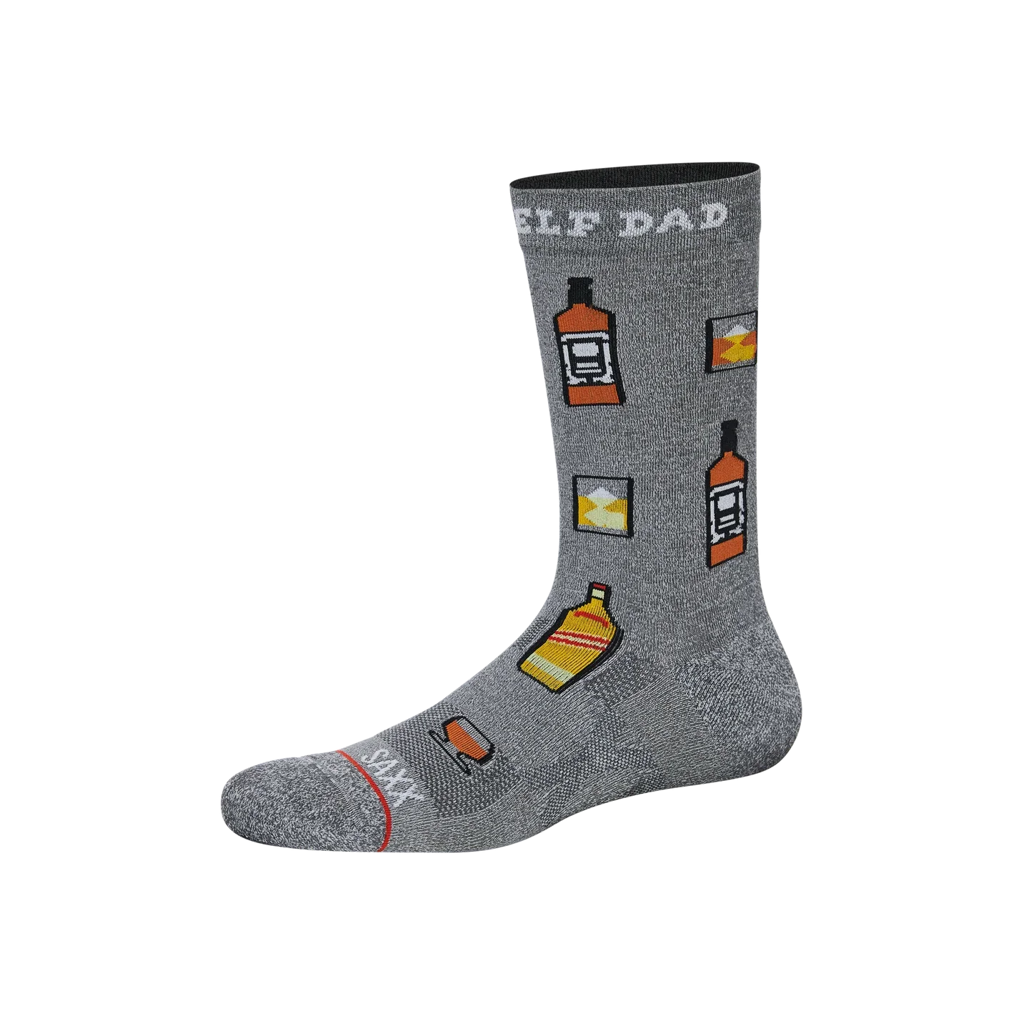 'Saxx Whole Package Crew Sock' with grey 'Top Shelf Dad' print