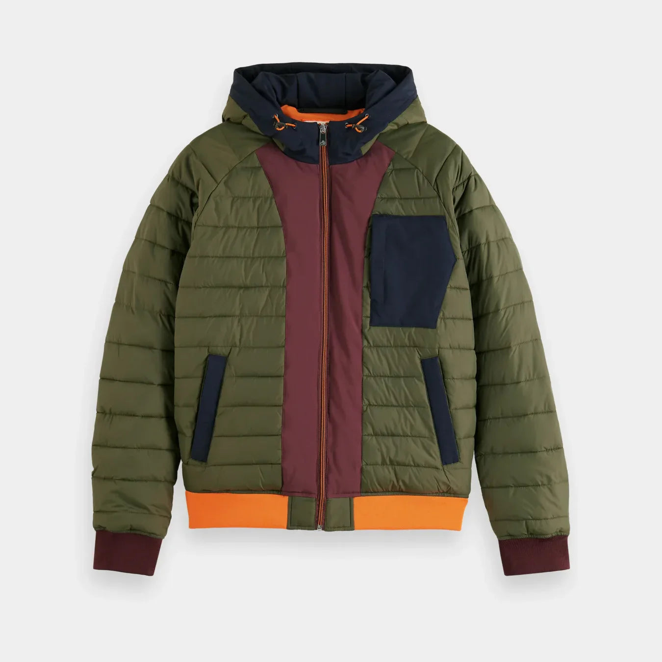 'Scotch & Soda Colourblock Quilted Bomber Jacket' in 'Military' colour