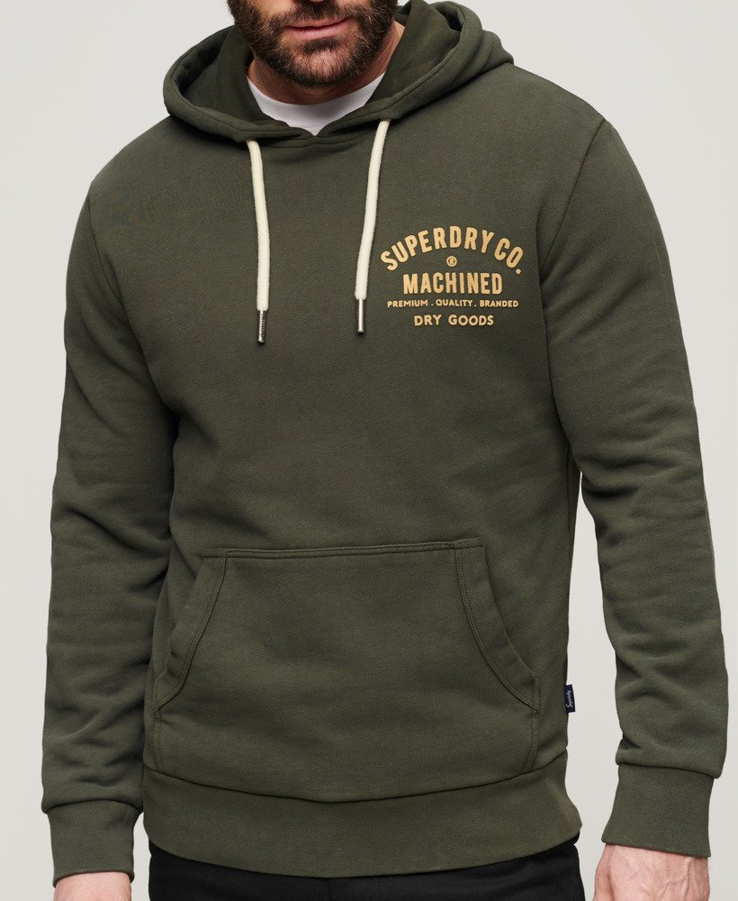 'Superdry Workwear Flock Chest Graphic Hoodie' in 'Olive Green' colour