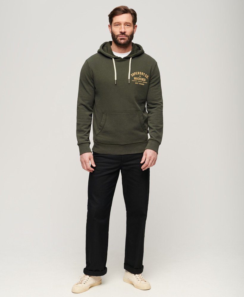 'Superdry Workwear Flock Chest Graphic Hoodie' in 'Olive Green' colour