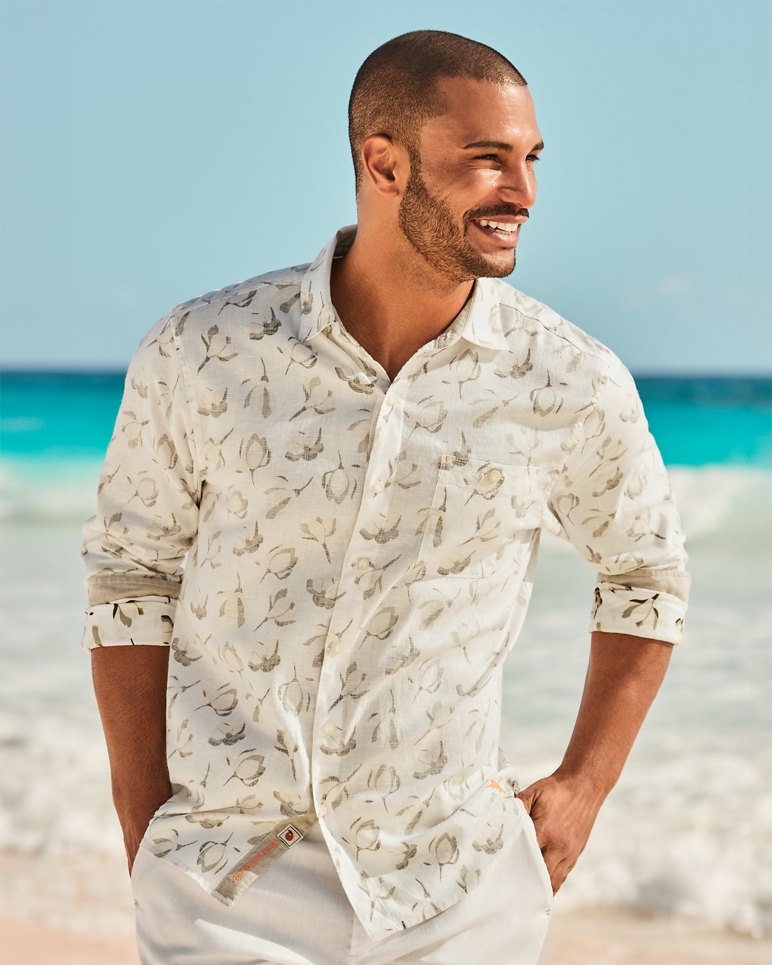 'Tommy Bahama Barbados Breeze Magnolia Blooms Stretch Linen Shirt' in 'Continental' colour