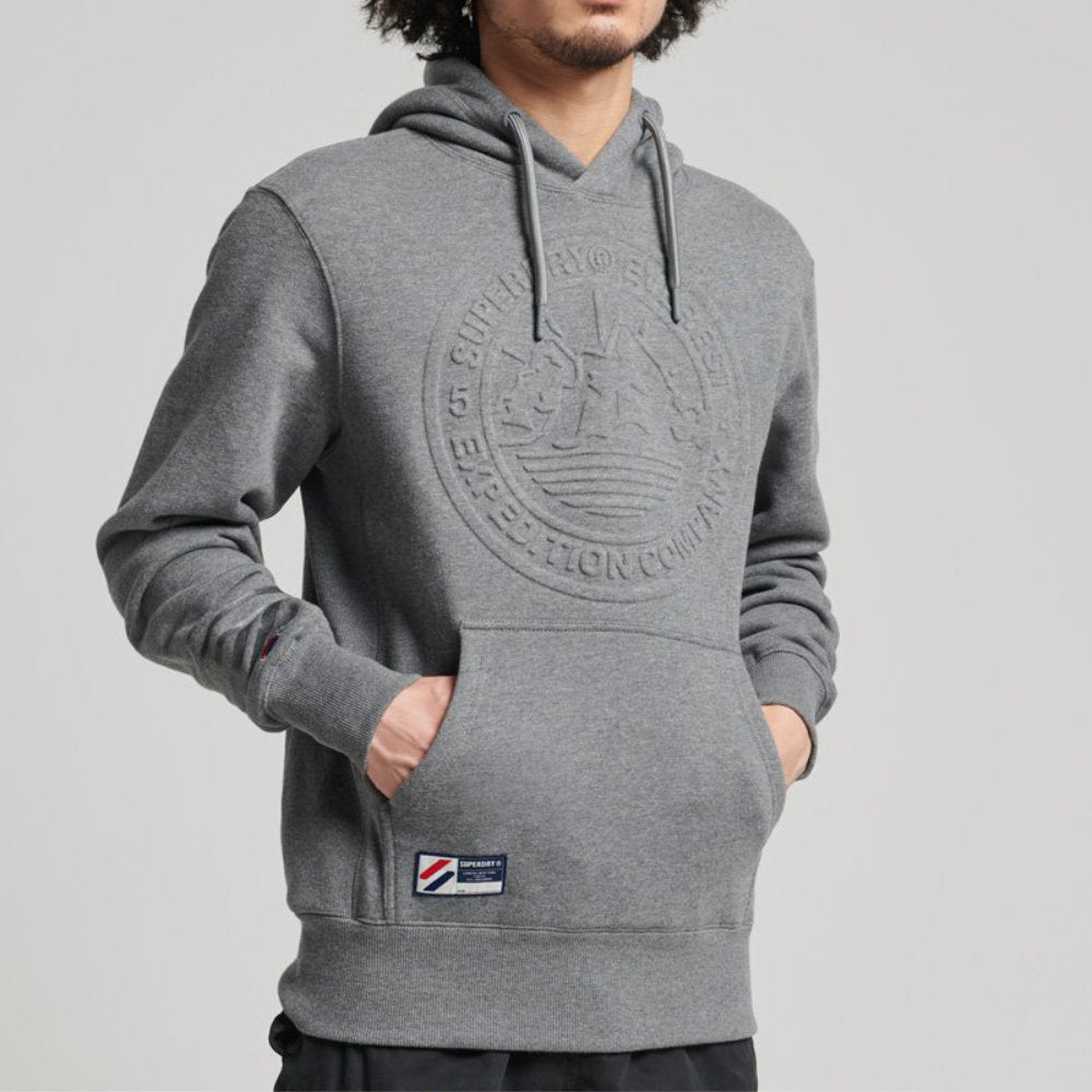 'Superdry Expedition Embossed Hoodie' in 'Dark Charcoal Marl' colour
