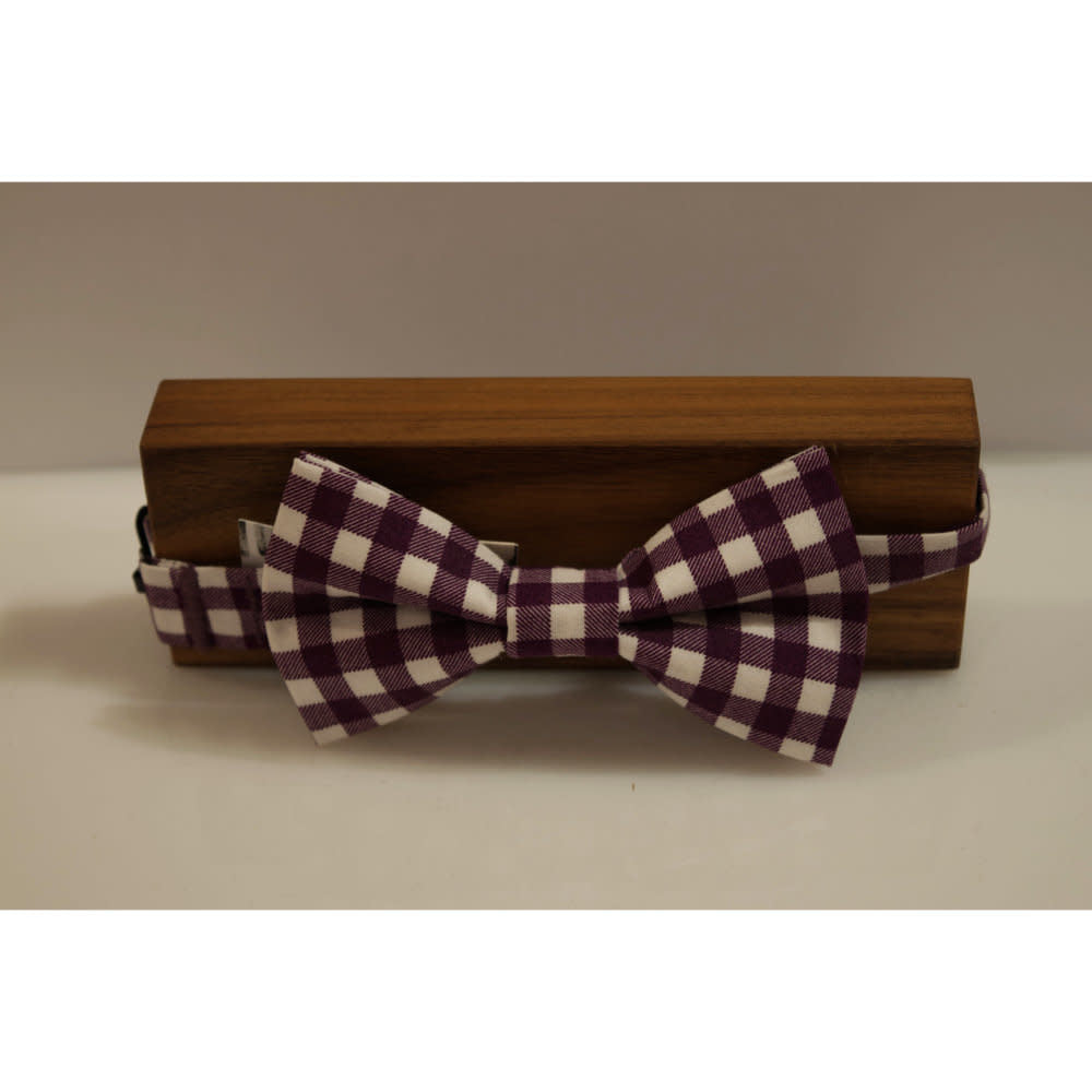 'Beaux Hand Crafted Pre-Tie Bowtie' in 'Purple & White Gingham' colour