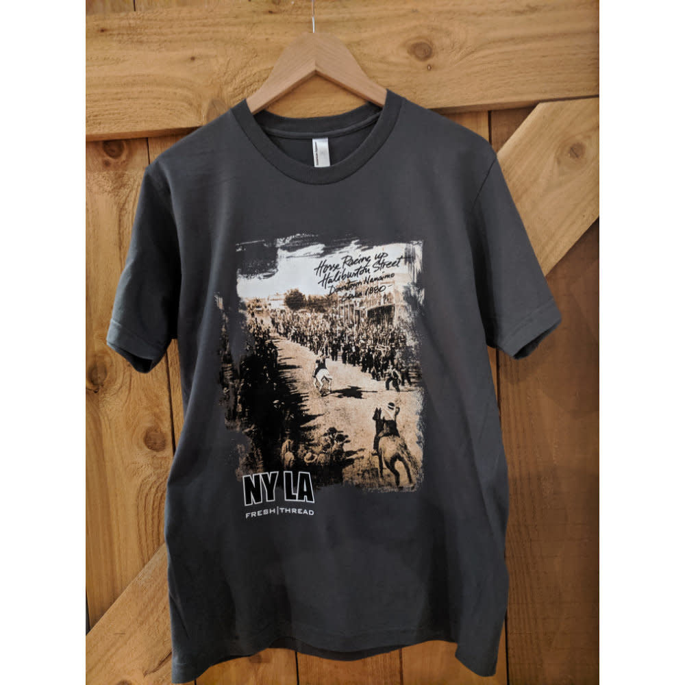 'NYLA Fresh Thread Nanaimo Heritage Tee - Horse Racing' in 'Concrete' colour
