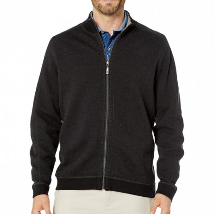 'Tommy Bahama Flipsider Full Zip Sweater' in 'Midnight Oil' colour