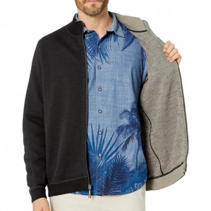 'Tommy Bahama Flipsider Full Zip Sweater' in 'Midnight Oil' colour