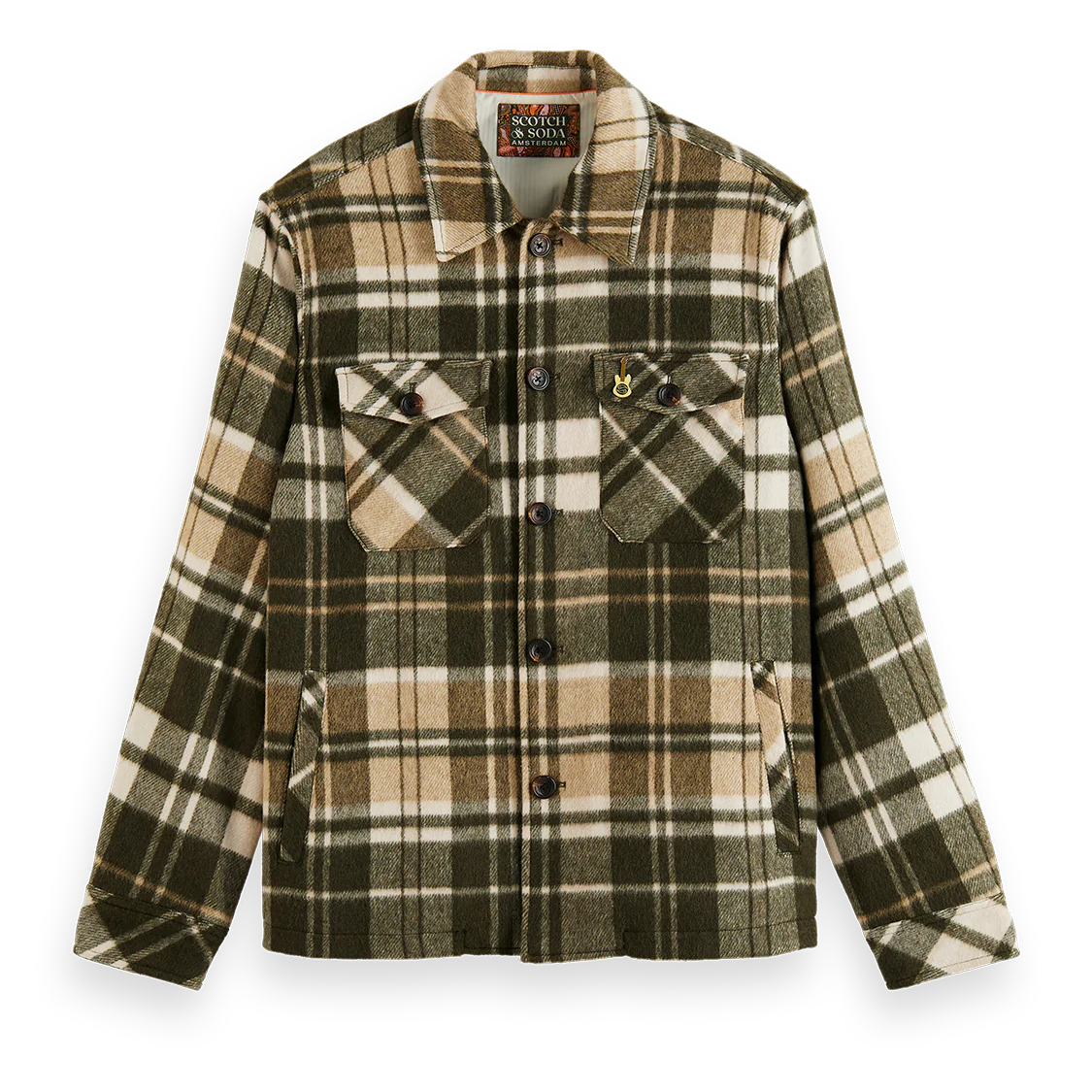 Scotch & Soda Brushed Wool Checkered Overshirt - Green Check - 1 - Tops - Overshirts
