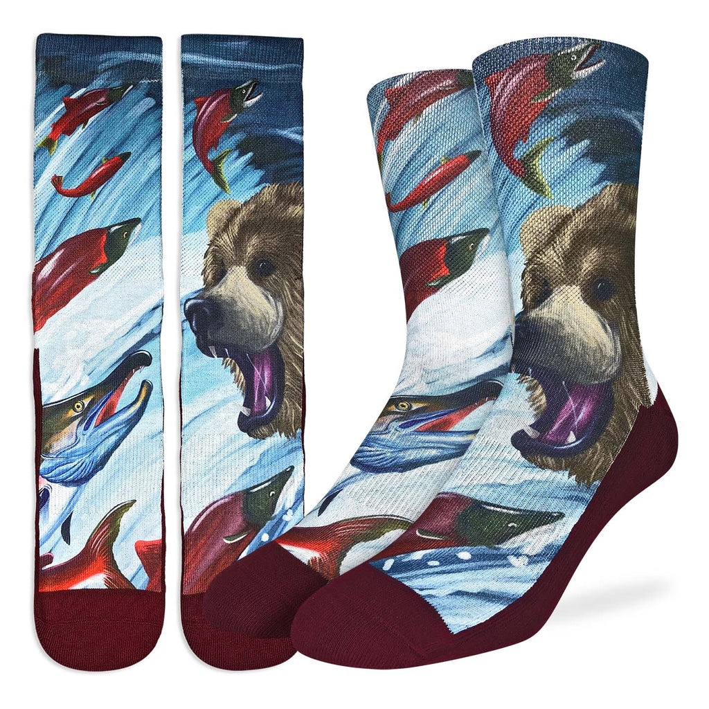 Good Luck Sock Grizzly Bear & Sockeye Salmon Socks Multi