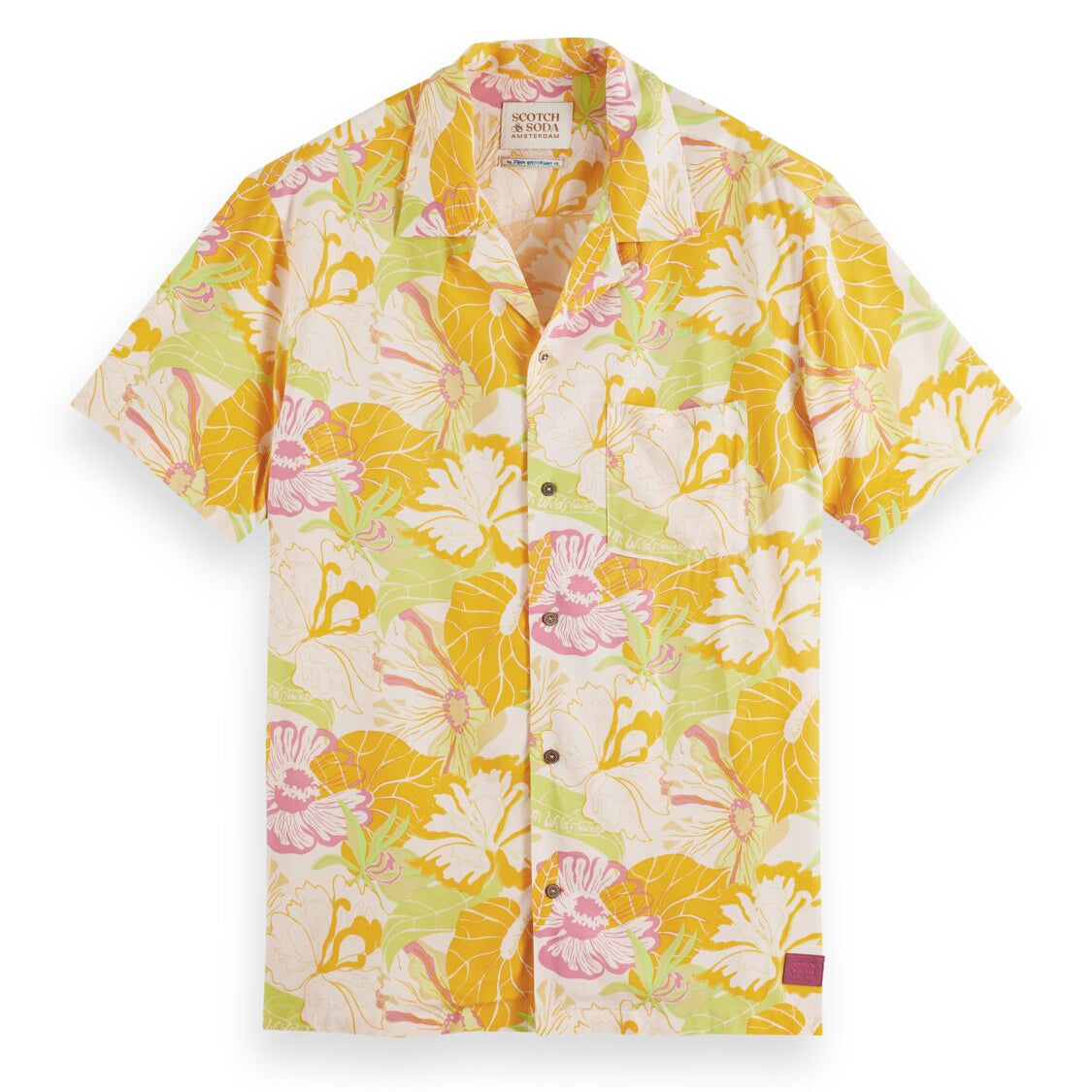Scotch & Soda Short Sleeve Printed Camp Shirt - Yellow - 1 - Tops - Shirts (Short Sleeve)