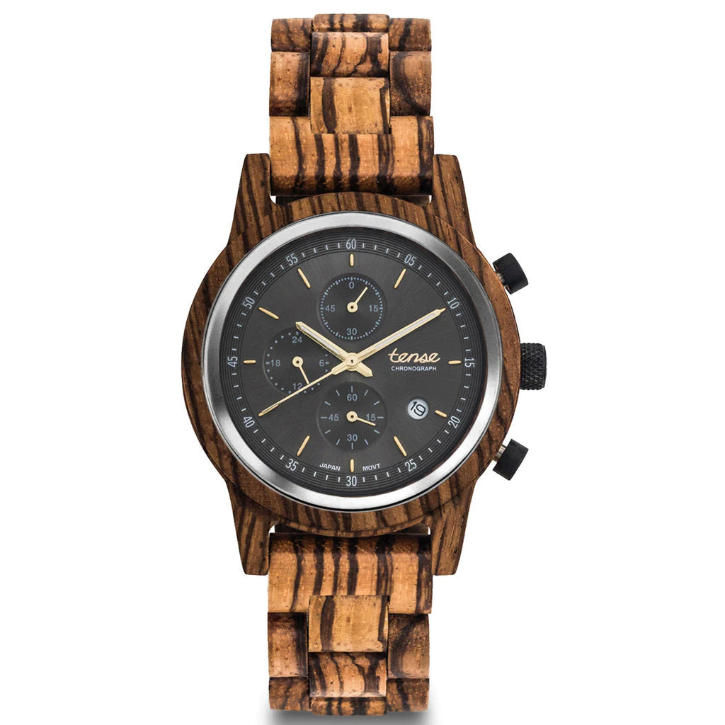 Tense Cambridge Chrono Wooden Watch Zebrawood / Black
