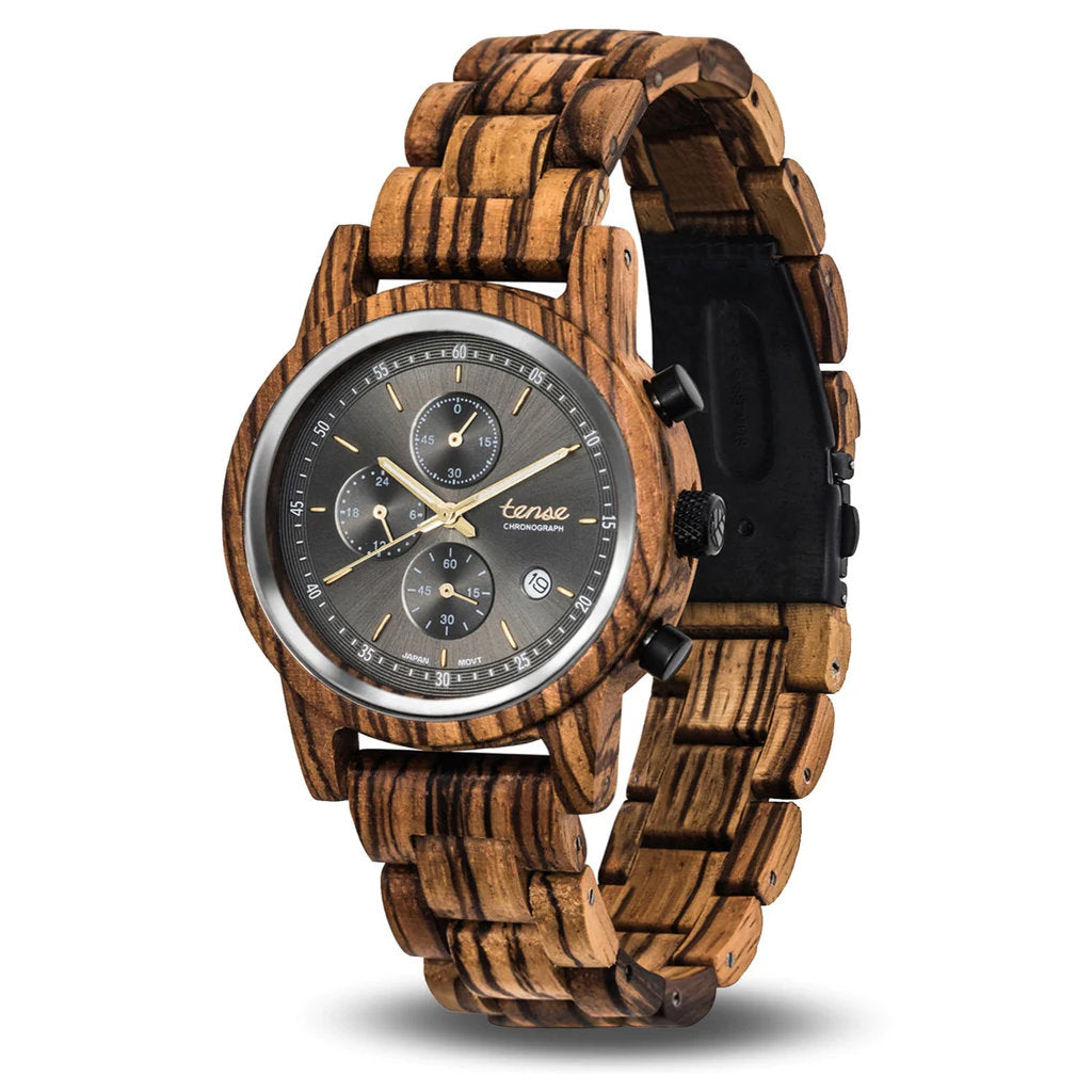 Tense Cambridge Chrono Wooden Watch Zebrawood / Black
