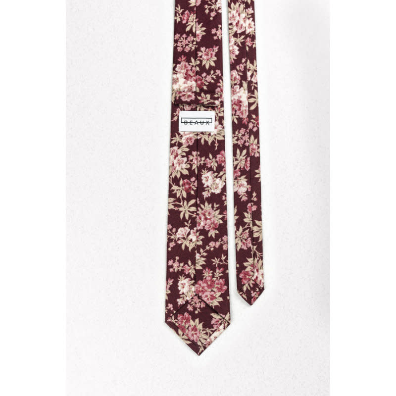 Beaux Hand Crafted Skinny Necktie Burgundy & Mauve Floral