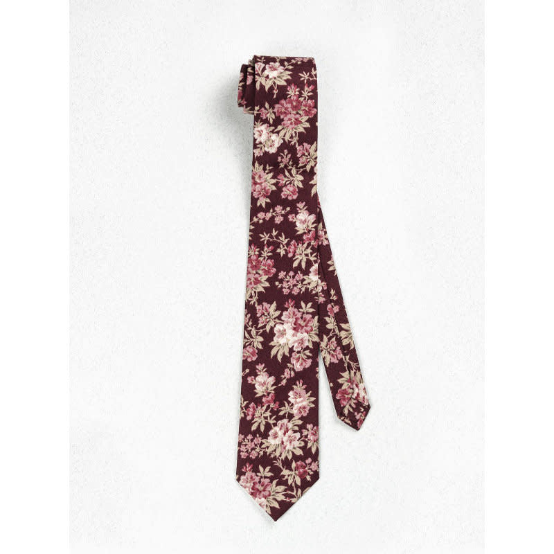 Beaux Hand Crafted Skinny Necktie Burgundy & Mauve Floral