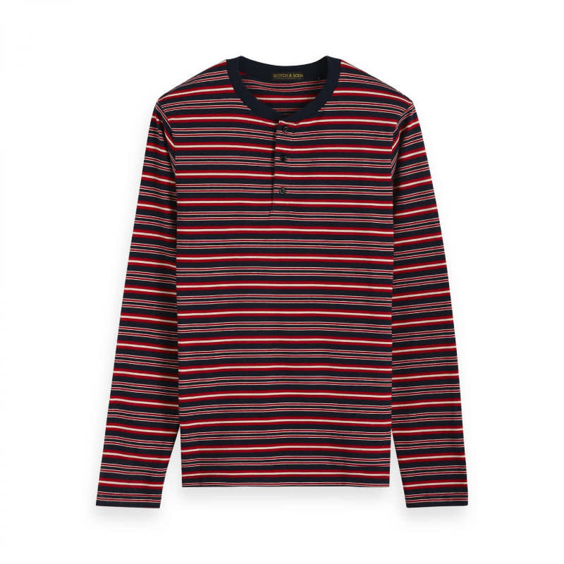Scotch & Soda Classic Grandad L/S Shirt - Red Stripe - 1 - Tops - Long Sleeve Tees