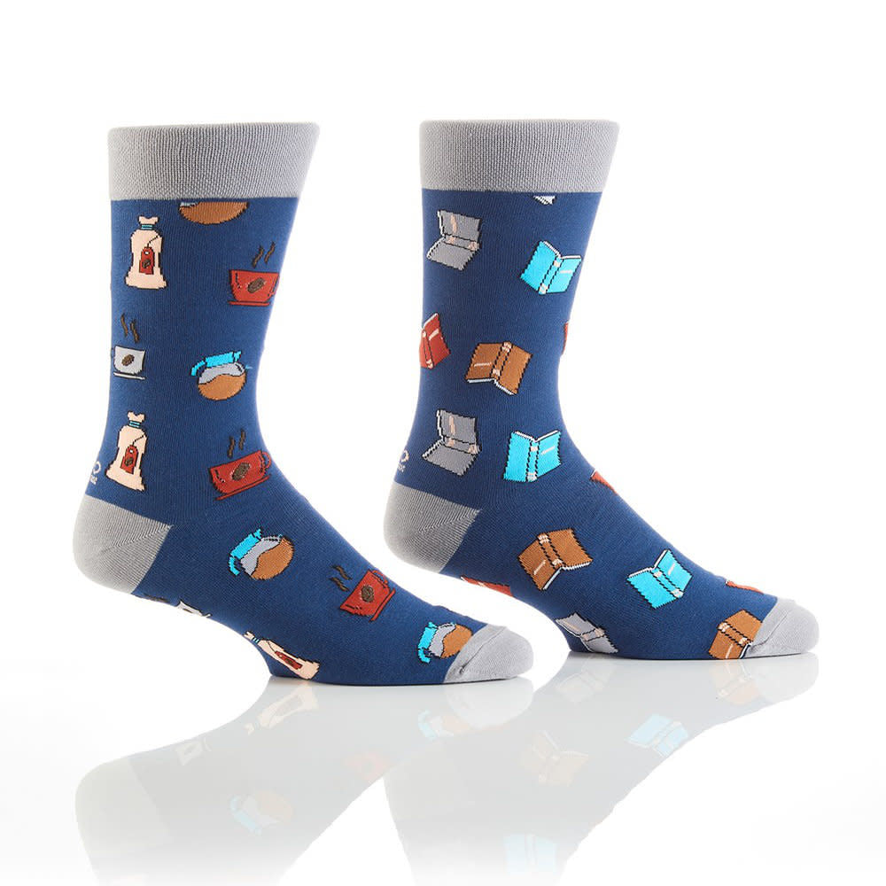 Yo Sox Books & Coffee Crew Socks Blue